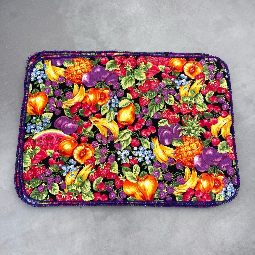 Vintage Rainbow Fruit Cotton Quilted Placemats VTG Set of Six